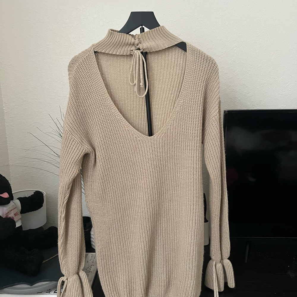 Beige Knit Sweater Dress with Tie Back